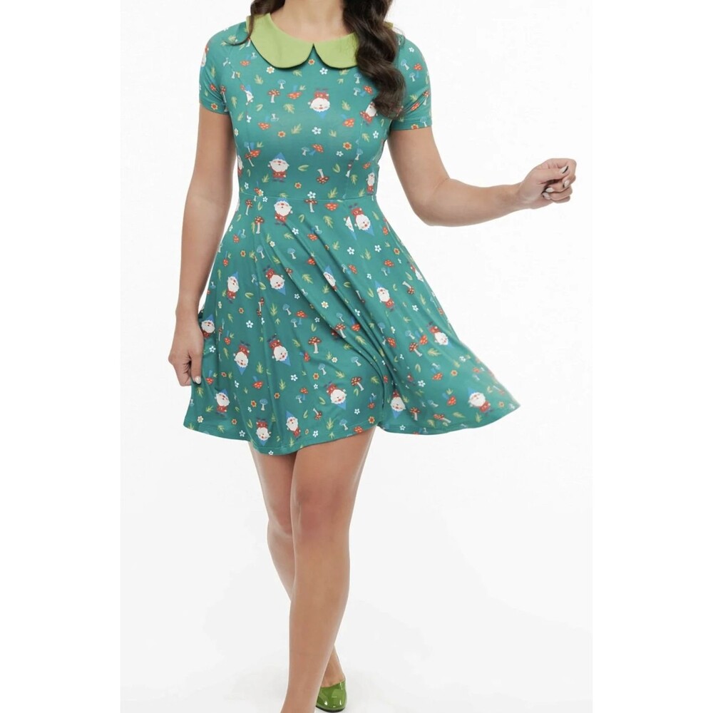 Unique Vintage 1950's Style Green Gnome Women's Small 4 Fit & Flare Dress Zip-Up